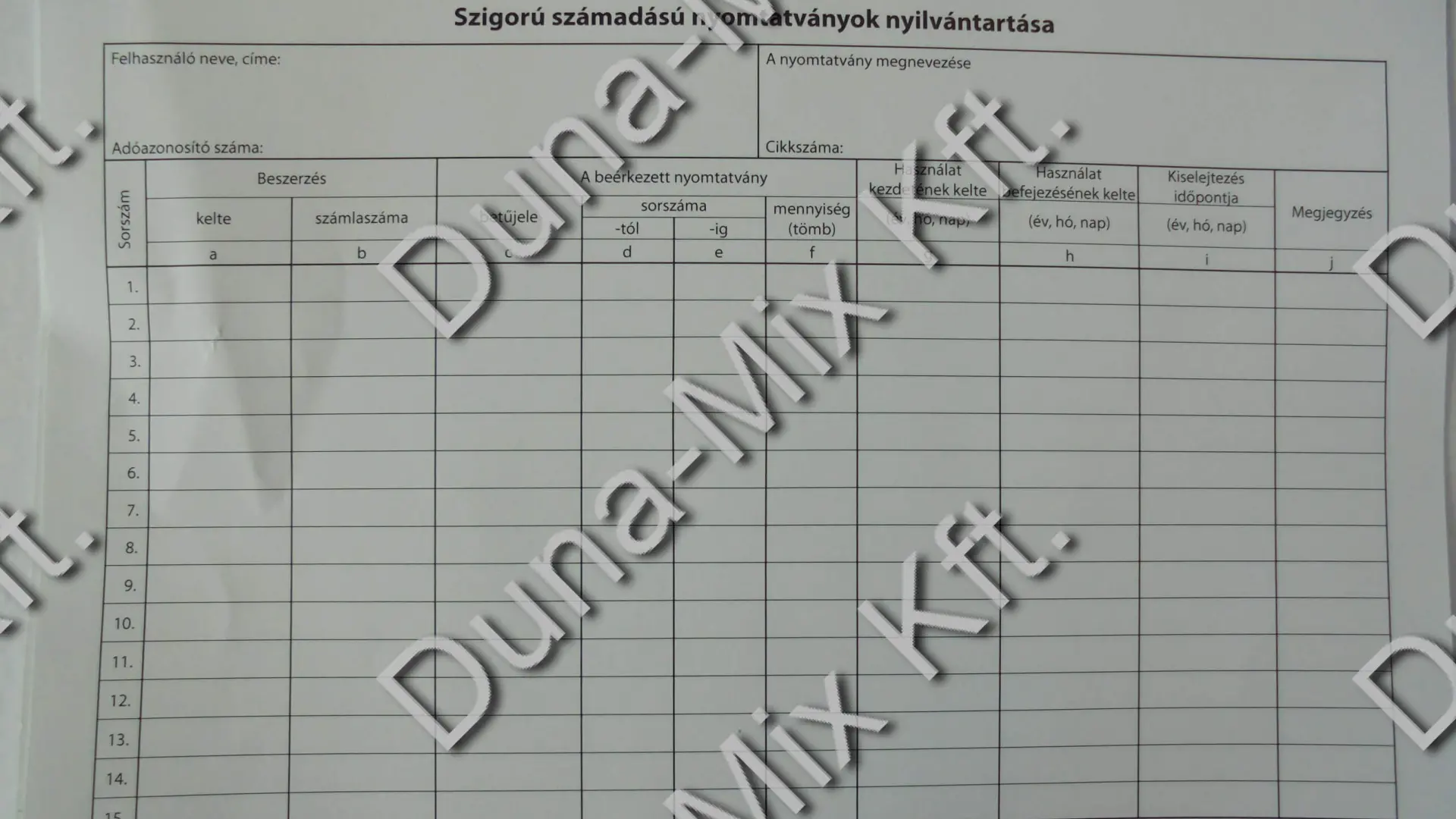 Szigorú számadású nyomtatványok nyilvántartó lapja